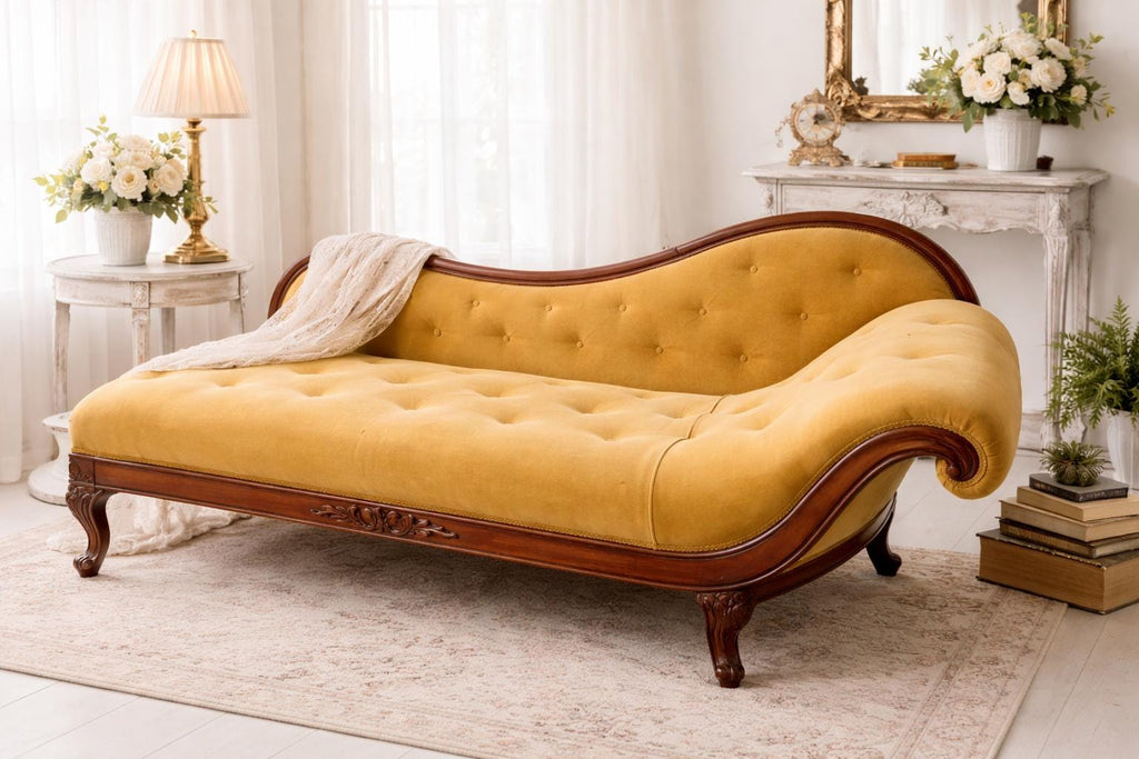 Victorian Tufted Chaise Longue | Hand-Carved Frame, Original Velvet, c. 1870 | Needs Reupholstery