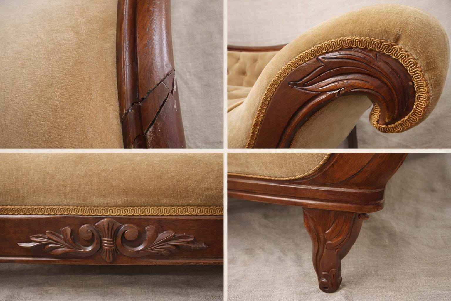 Victorian Tufted Chaise Longue | Hand-Carved Frame, Original Velvet, c. 1870 | Needs Reupholstery