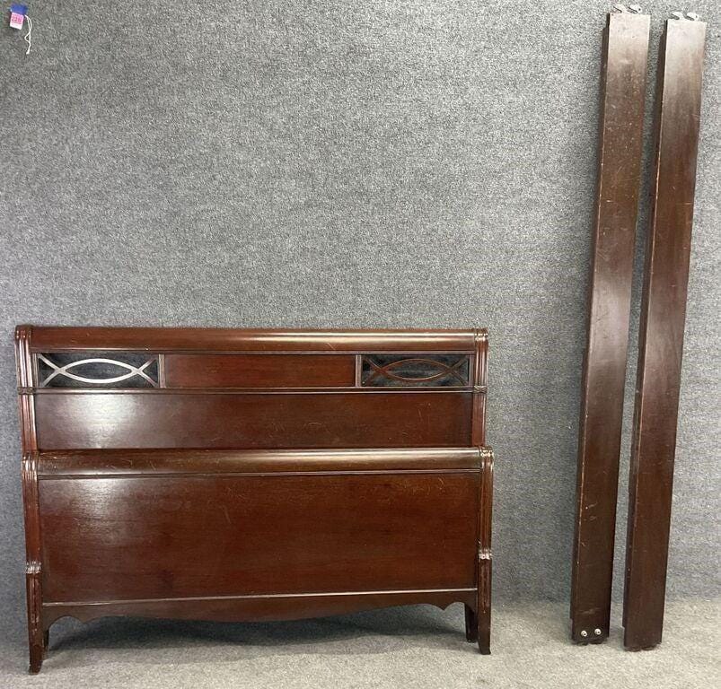 Antique Mahogany Full Size Bed, Art Deco Inlay Headboard, c. 1920-1930