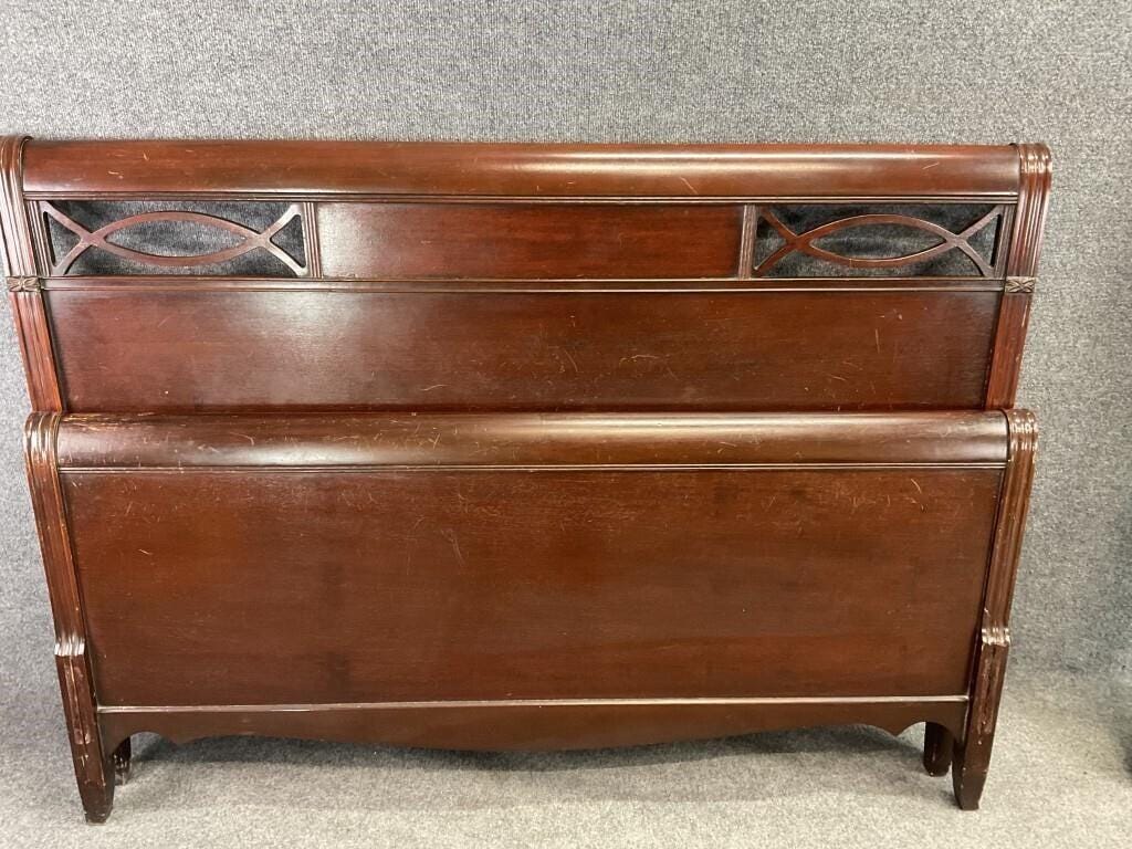 Antique Mahogany Full Size Bed, Art Deco Inlay Headboard, c. 1920-1930
