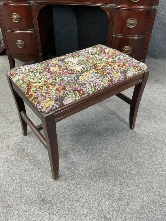 Antique Serpentine Mahogany Vanity Set | Includes Floral Bench