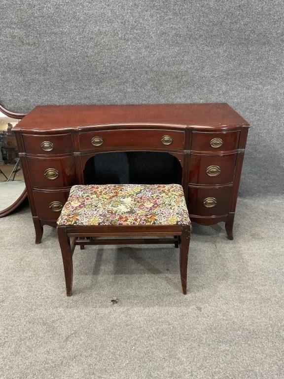 Antique Serpentine Mahogany Vanity Set | Includes Floral Bench