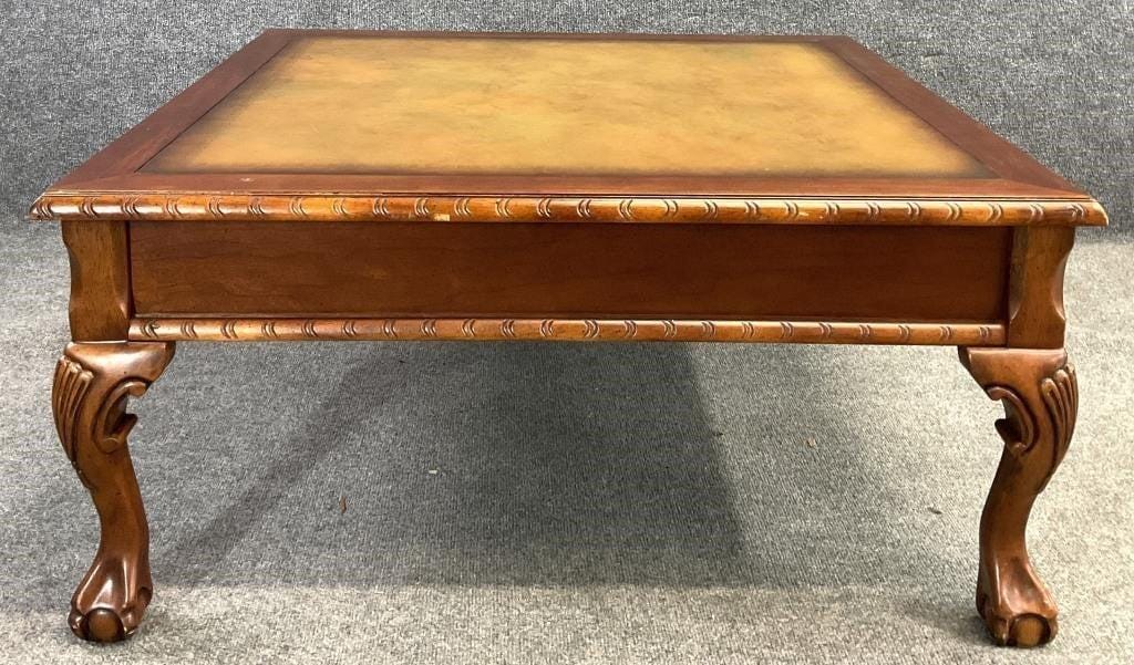 English Georgian Revival Ball and Claw Coffee Table | Faux Leather-Top Library Table | Mid-Century Traditional