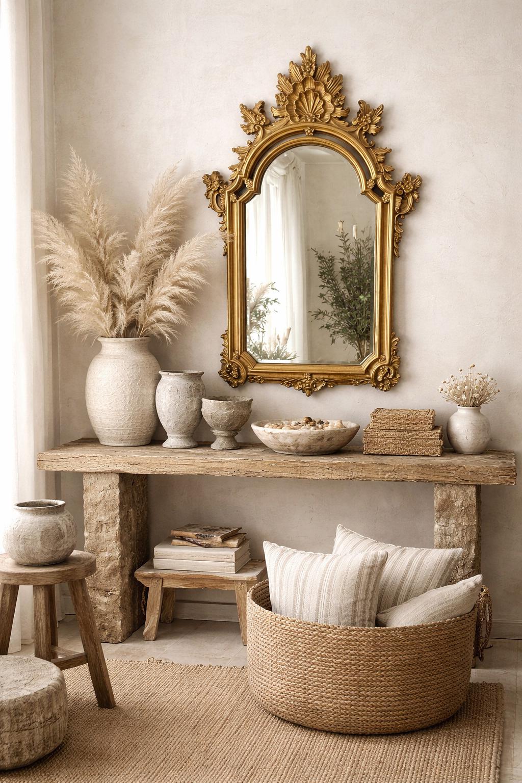 May include: A gold ornate mirror hangs above a rustic wooden console table. The table displays vases, bowls, and decorative items. A woven basket with pillows and a jute rug complete the neutral-toned, bohemian-style decor.
