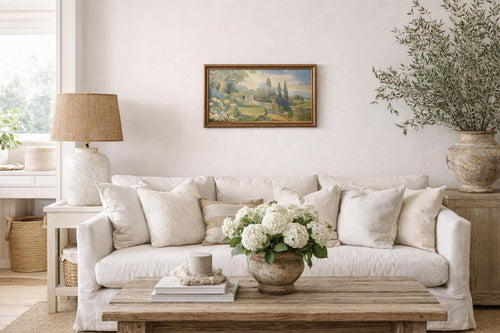 Antique European Landscape Lithograph, c. Early 1900s – Pastoral Garden Scene with Cypress Trees, Gilt Frame