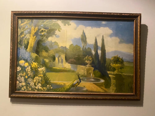Antique European Landscape Lithograph, c. Early 1900s – Pastoral Garden Scene with Cypress Trees, Gilt Frame