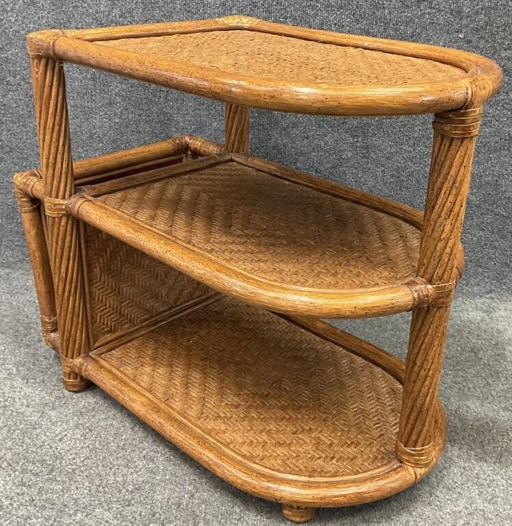 Vintage Rattan Side Table | Two-Tier Woven Shelf Nightstand