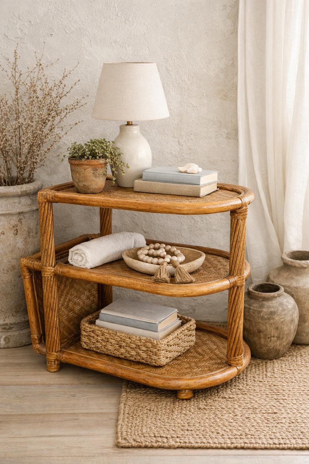 Vintage Rattan Side Table | Two-Tier Woven Shelf Nightstand