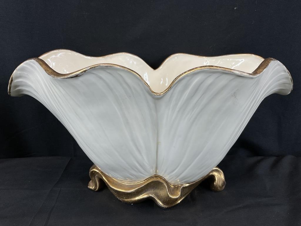 Mid Century Italian Ceramic Bowl | Scalloped Gold Rim Centerpiece