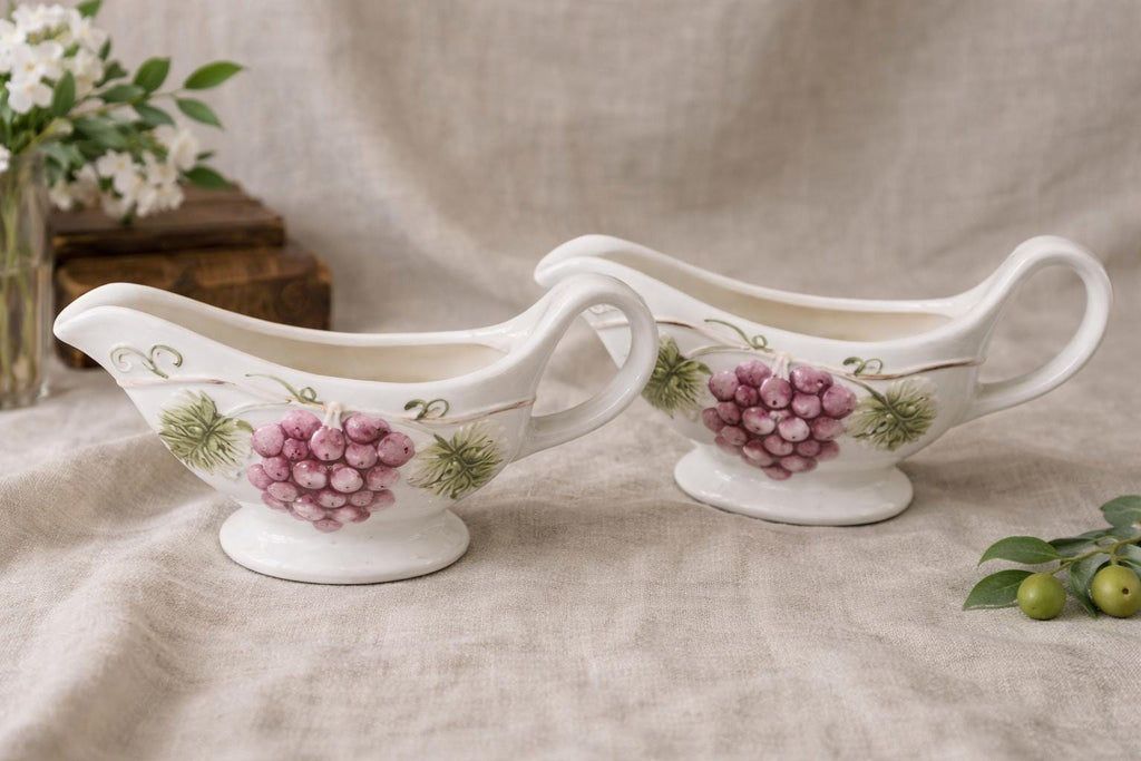 Vintage Italian Ceramic Gravy Boats – Grape Motif, Majolica Style (Pair)
