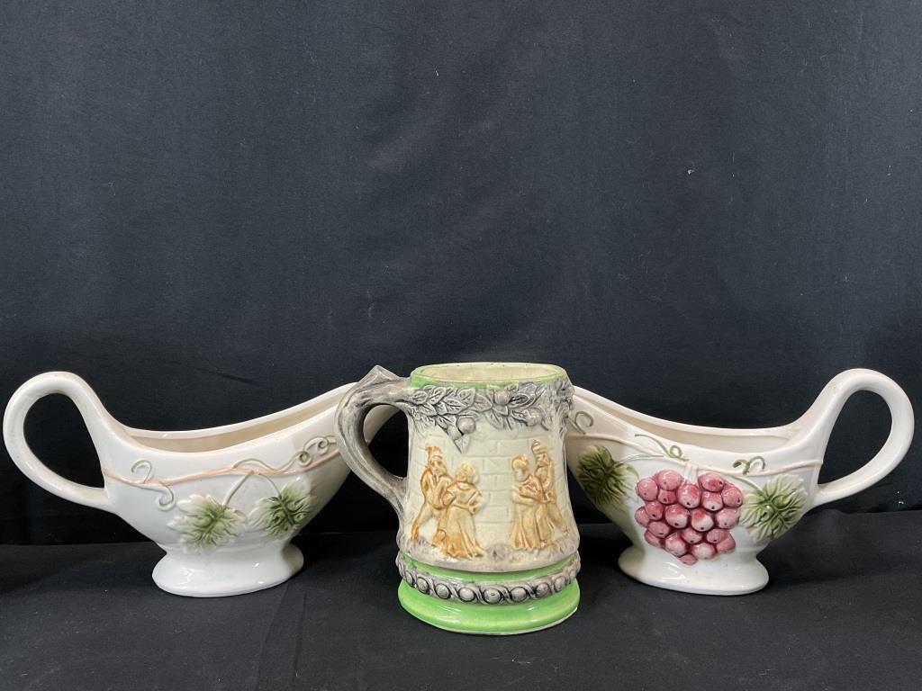 Vintage Italian Ceramic Gravy Boats – Grape Motif, Majolica Style (Pair)