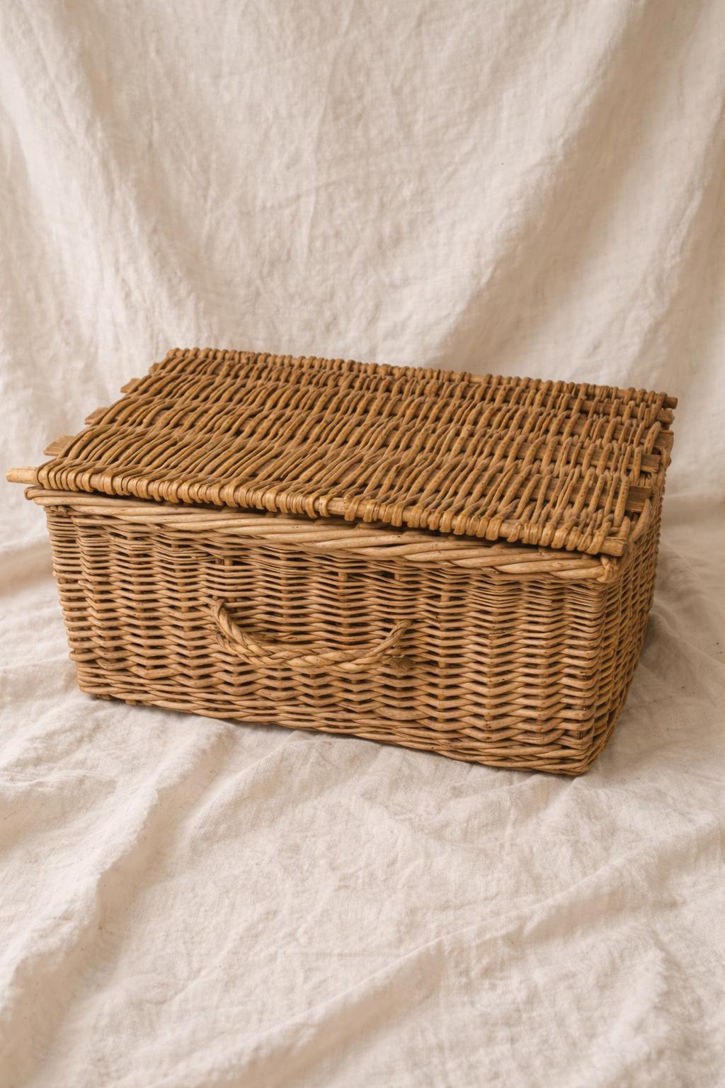 Vintage Wicker Trunk Basket, 1940s–1960s Rustic European Storage with String-Hinged Lid