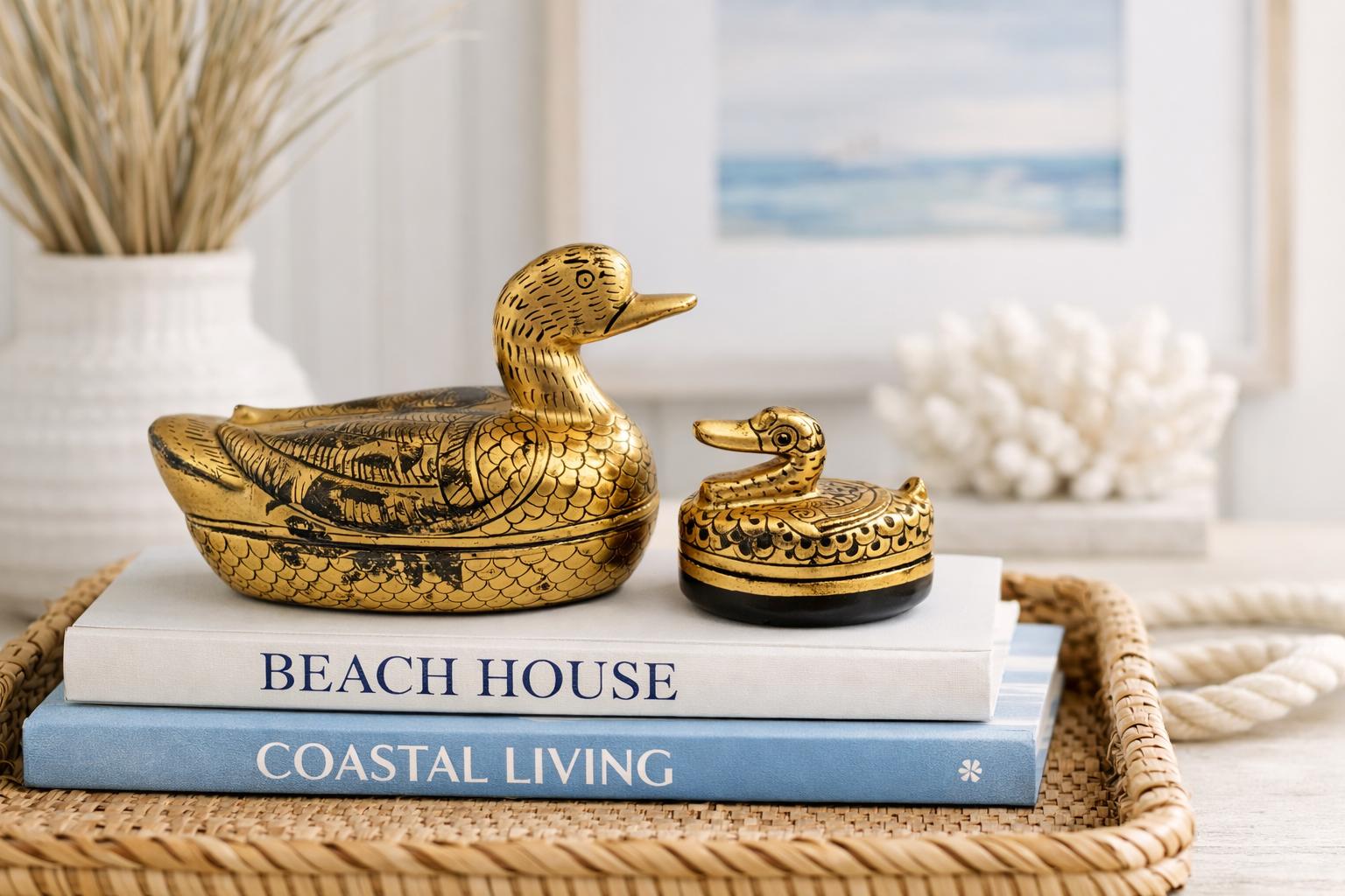 Vintage Black & Gold Duck Trinket Boxes – 1980s Vanity Decor, Set of 2