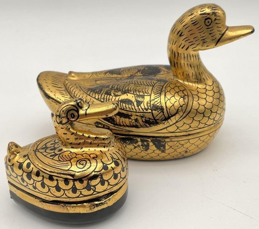 Vintage Black & Gold Duck Trinket Boxes – 1980s Vanity Decor, Set of 2