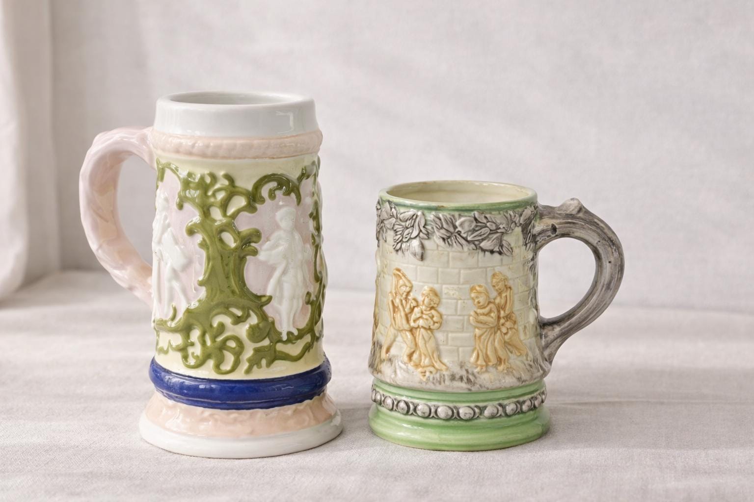 Mid-Century Figural Beer Steins | 1950s European Ceramic Tavern Mugs, Pair