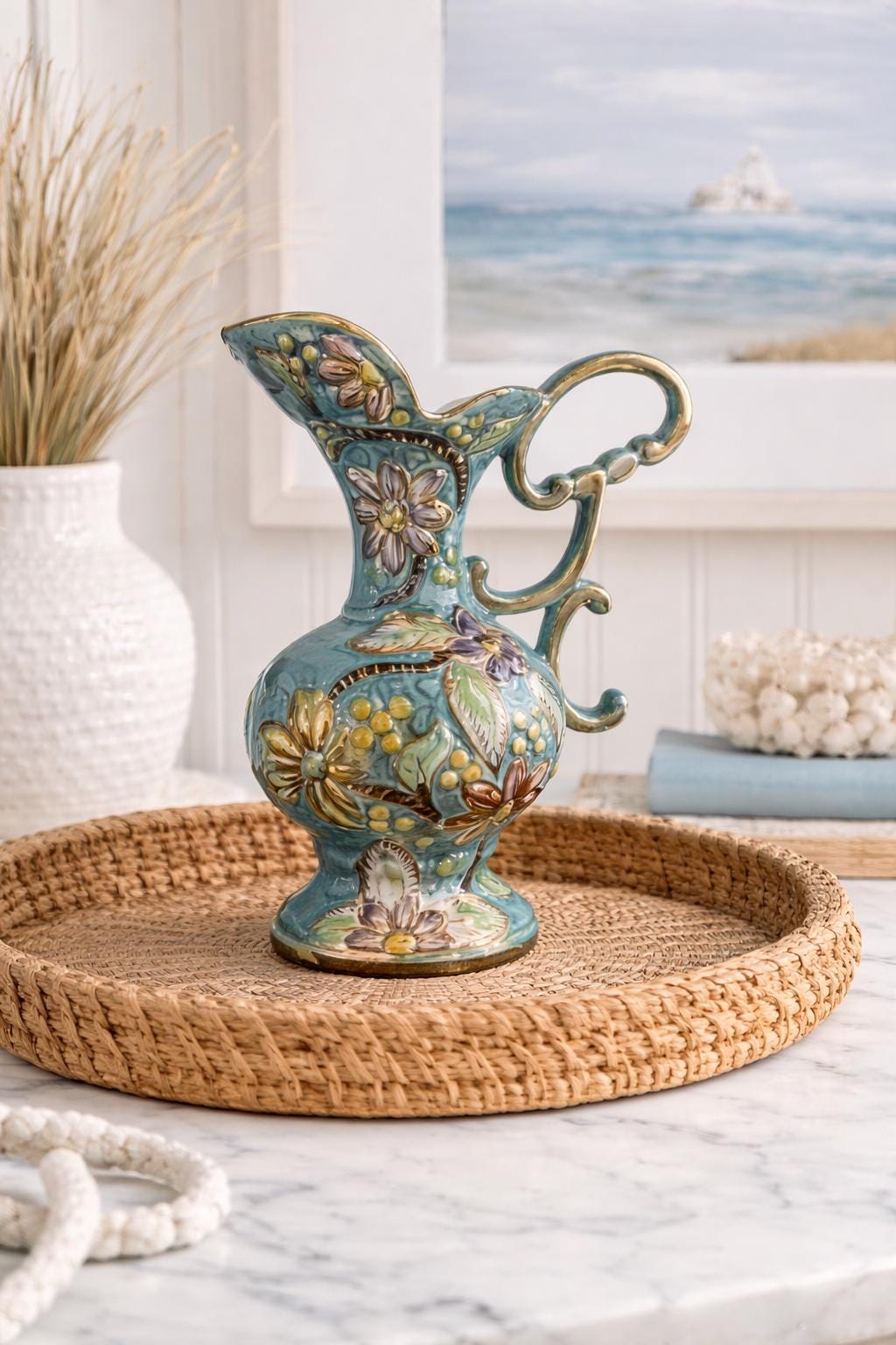 Vintage Belgian Majolica Pitcher – Turquoise Floral Ewer Vase, Gold Trim