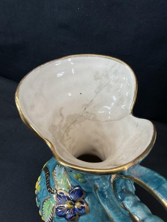 Vintage Belgian Majolica Pitcher – Turquoise Floral Ewer Vase, Gold Trim