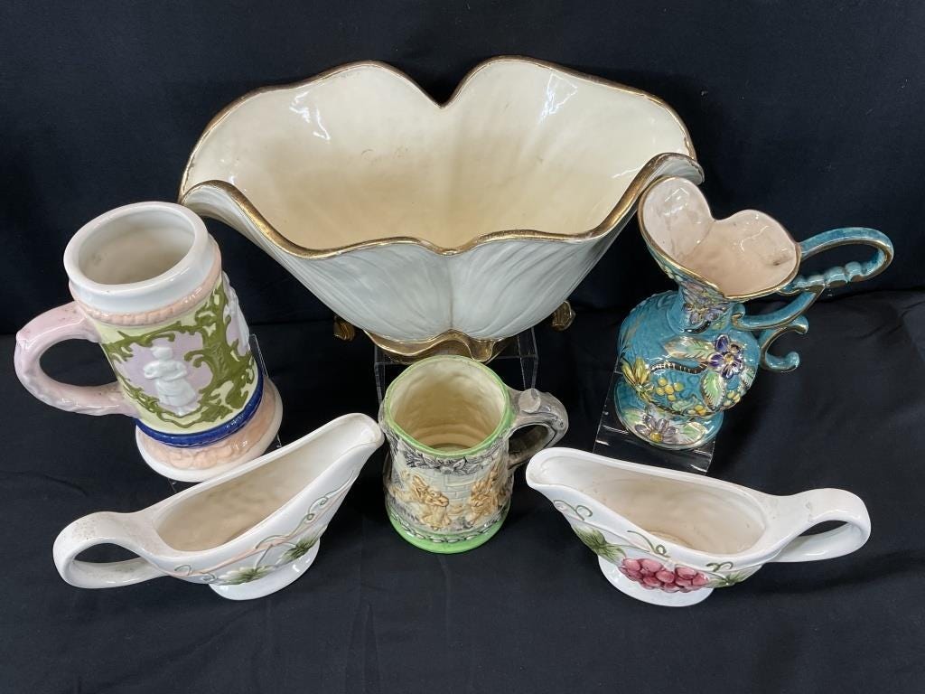 Vintage Belgian Majolica Pitcher – Turquoise Floral Ewer Vase, Gold Trim