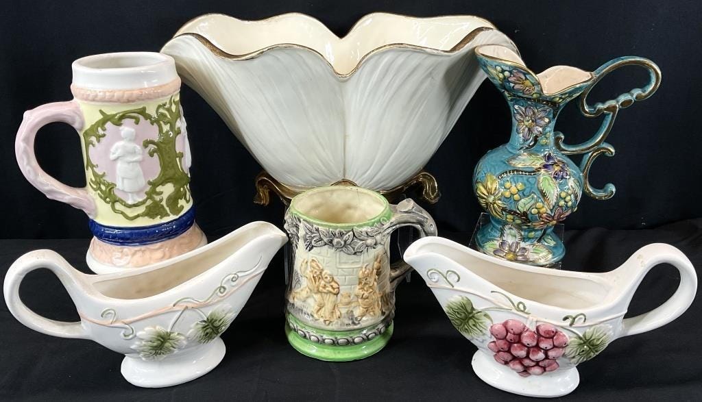 Vintage Belgian Majolica Pitcher – Turquoise Floral Ewer Vase, Gold Trim