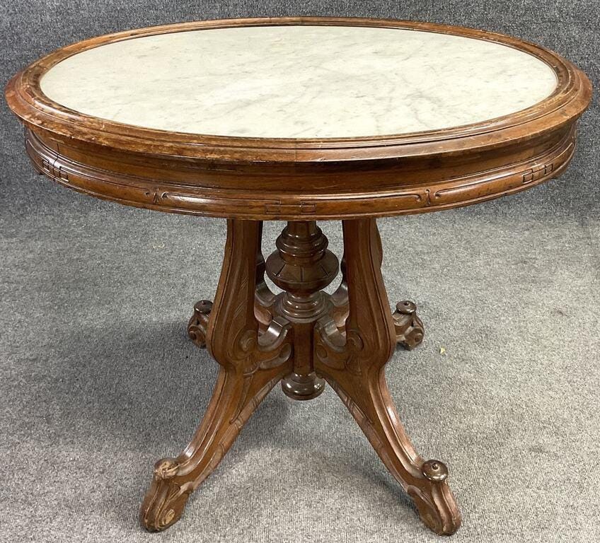 Antique Victorian Walnut Parlor Table – Oval White Marble Top Pedestal Base