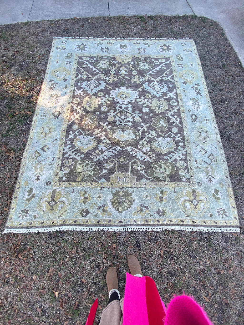 Vintage Hand Knotted Oushak Rug 8x10 | Muted Olive Taupe Botanical Medallion Wool Carpet