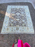 Vintage Hand Knotted Oushak Rug 8x10 | Muted Olive Taupe Botanical Medallion Wool Carpet