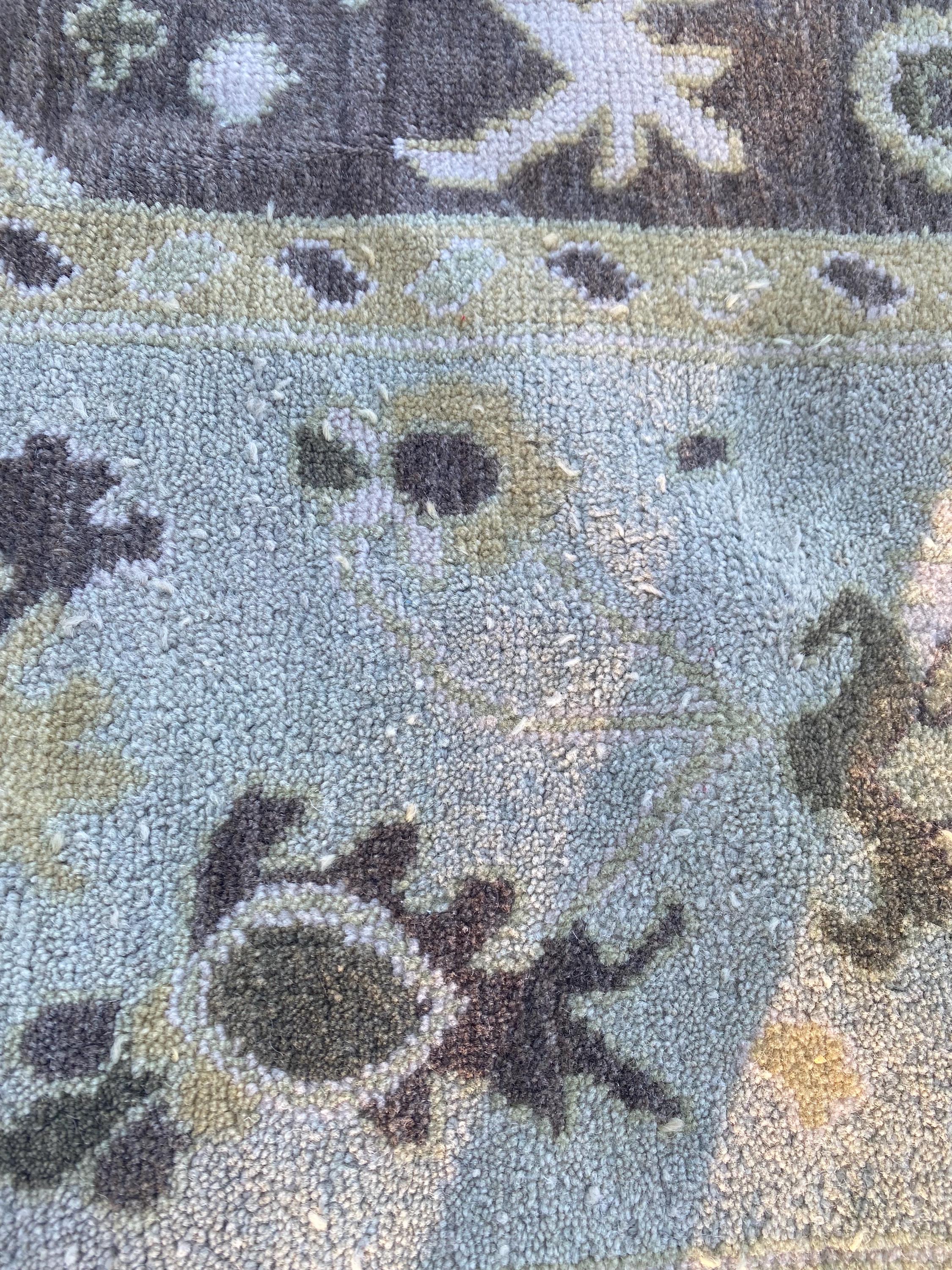 Vintage Hand Knotted Oushak Rug 8x10 | Muted Olive Taupe Botanical Medallion Wool Carpet