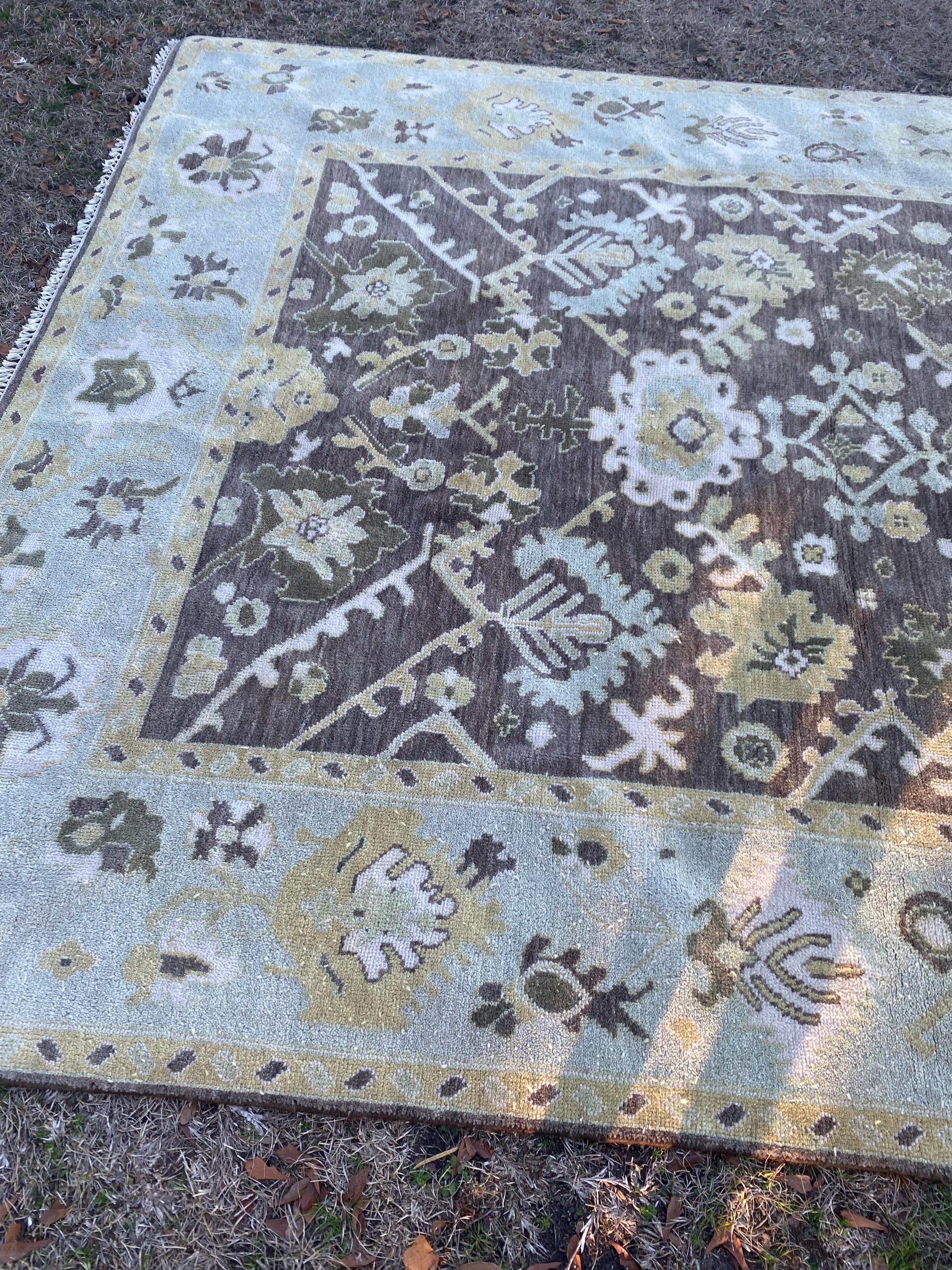 Vintage Hand Knotted Oushak Rug 8x10 | Muted Olive Taupe Botanical Medallion Wool Carpet