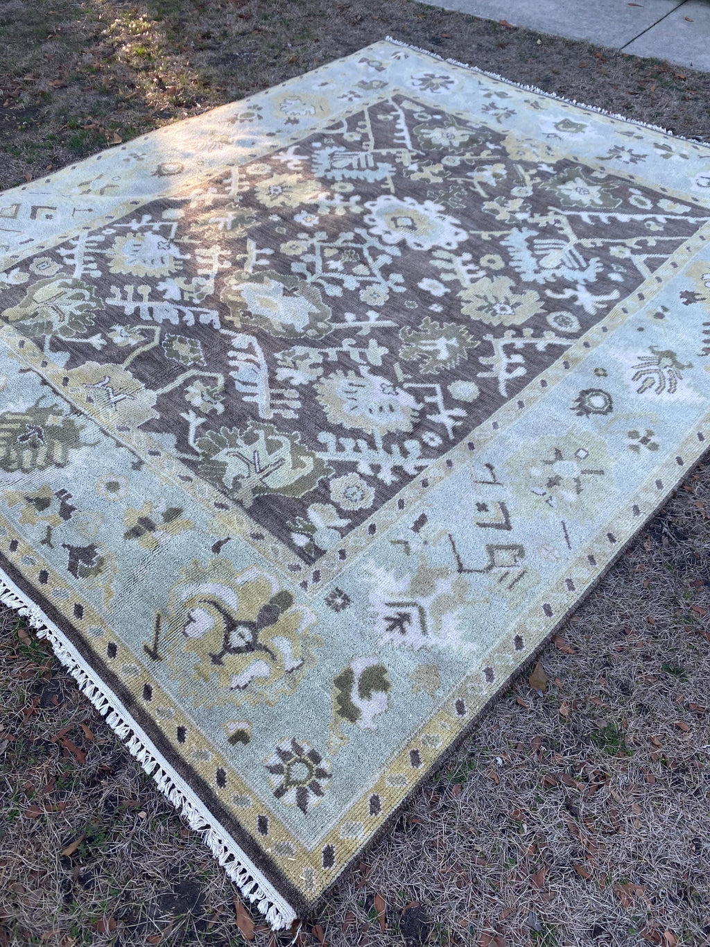 Vintage Hand Knotted Oushak Rug 8x10 | Muted Olive Taupe Botanical Medallion Wool Carpet