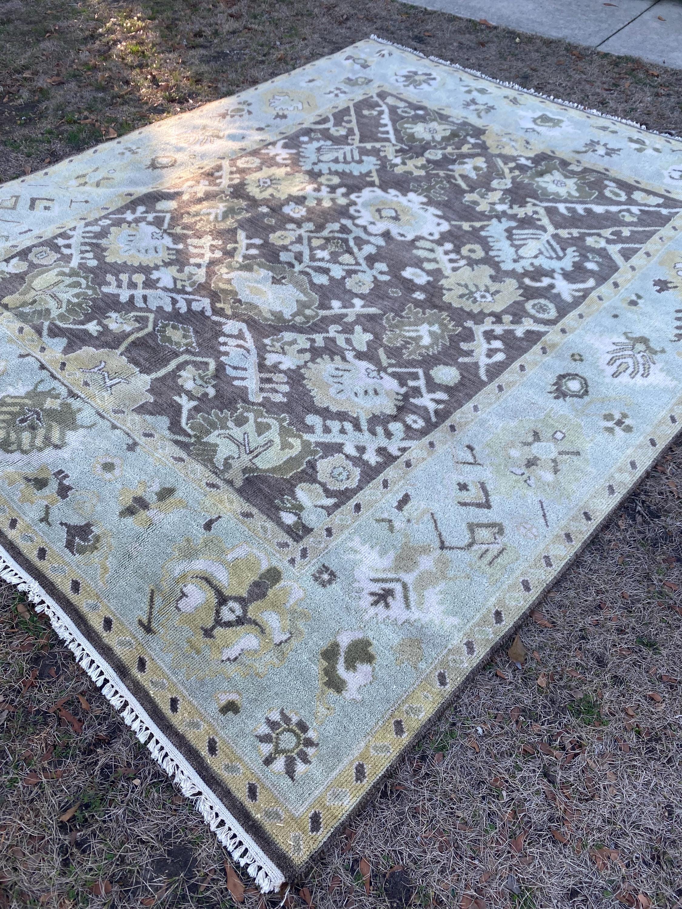Vintage Hand Knotted Oushak Rug 8x10 | Muted Olive Taupe Botanical Medallion Wool Carpet