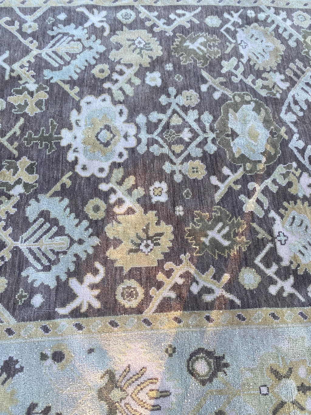 Vintage Hand Knotted Oushak Rug 8x10 | Muted Olive Taupe Botanical Medallion Wool Carpet