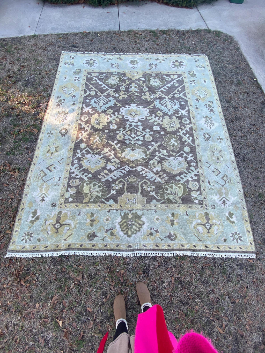 Vintage Hand Knotted Oushak Rug 8x10 | Muted Olive Taupe Botanical Medallion Wool Carpet