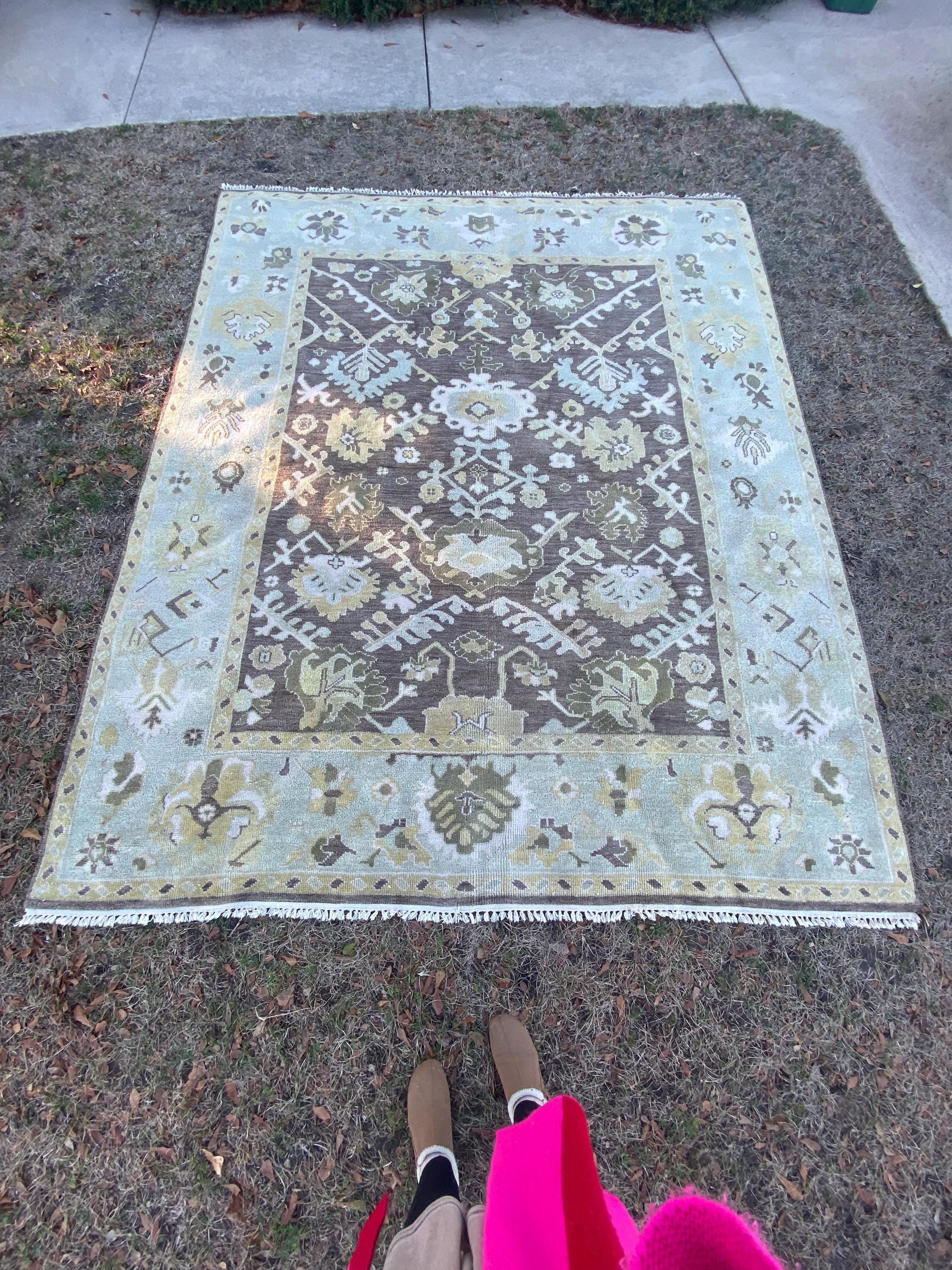 Vintage Hand Knotted Oushak Rug 8x10 | Muted Olive Taupe Botanical Medallion Wool Carpet