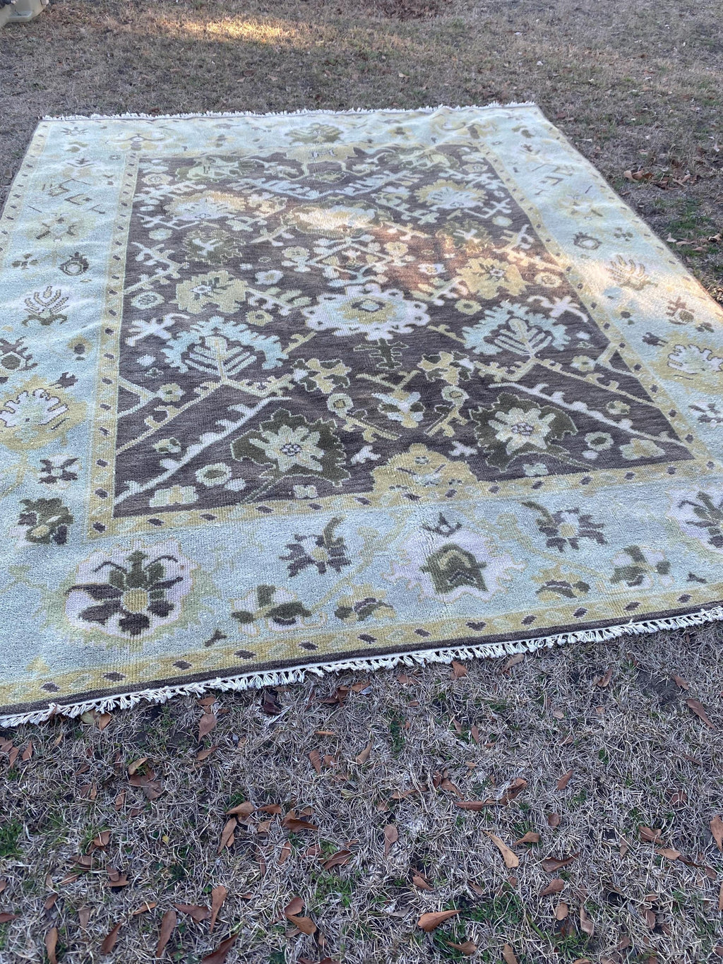 Vintage Hand Knotted Oushak Rug 8x10 | Muted Olive Taupe Botanical Medallion Wool Carpet