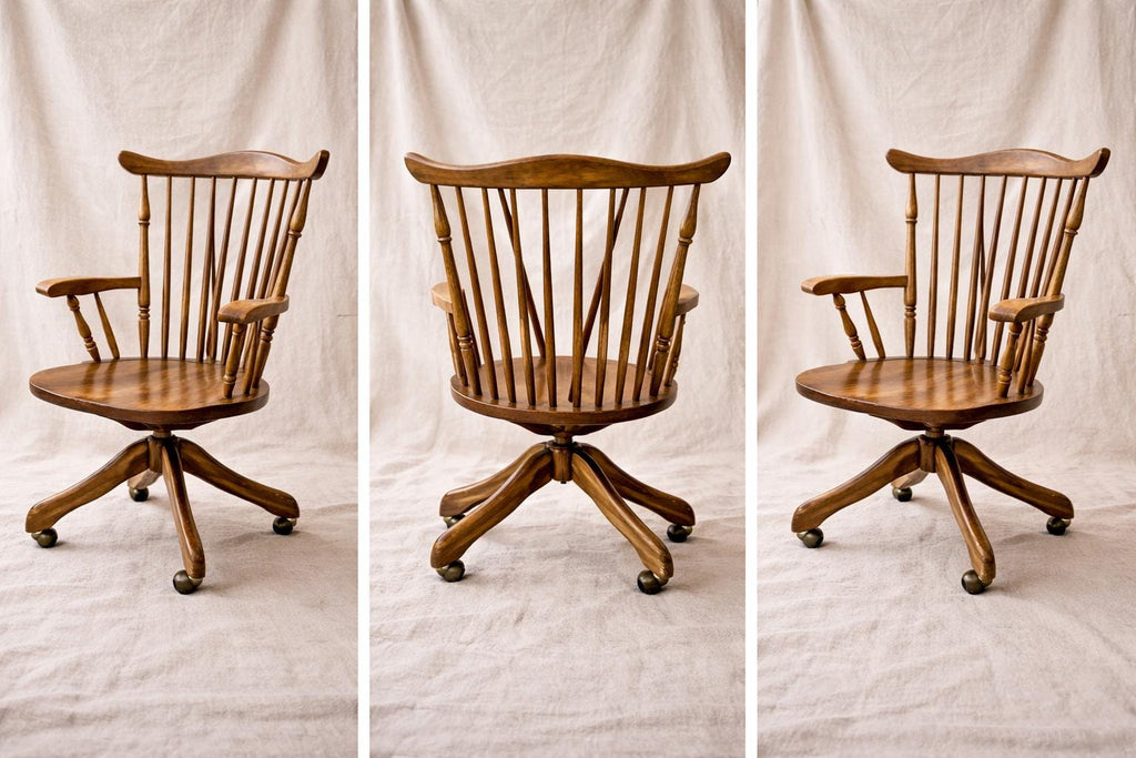 Vintage Windsor Swivel Desk Chair | Solid Wood Traditional Armchair, Casters