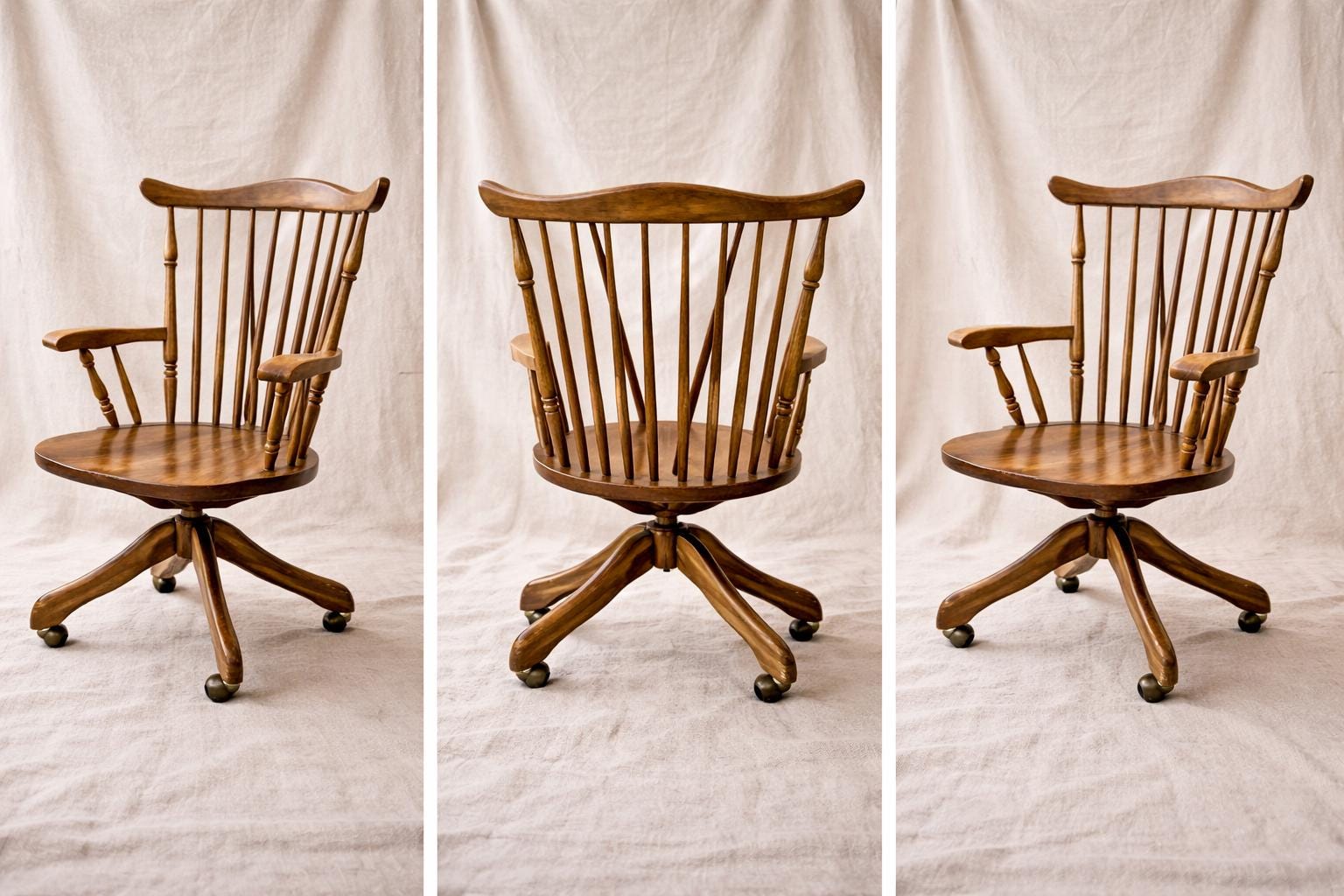 Vintage Windsor Swivel Desk Chair | Solid Wood Traditional Armchair, Casters