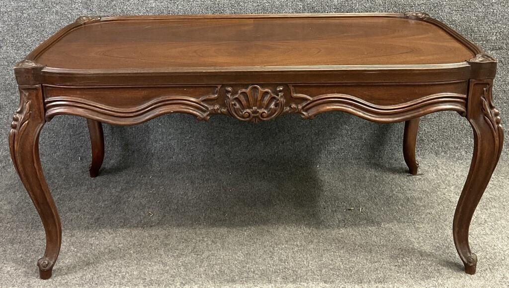 Vintage French Mahogany Coffee Table | Louis XV Style Cabriole Legs, Carved Shell Detail