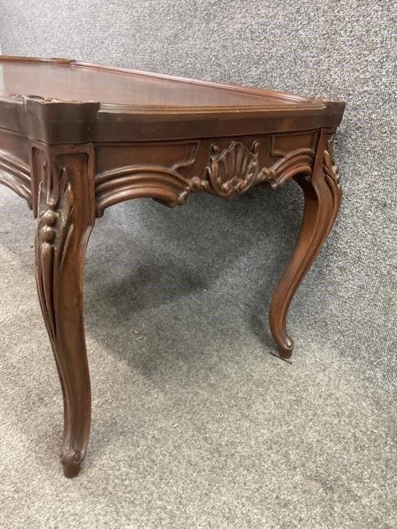 Vintage French Mahogany Coffee Table | Louis XV Style Cabriole Legs, Carved Shell Detail