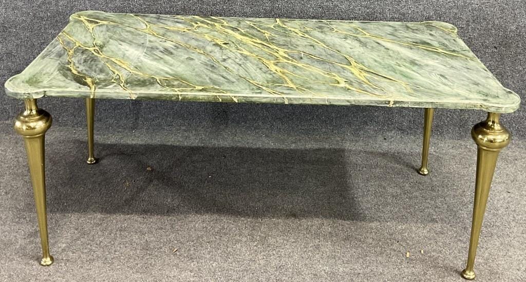 Vintage Italian Faux Marble Coffee Table | Hollywood Regency Brass Legs