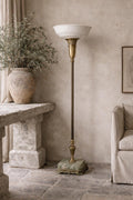 Antique Neoclassical Brass Torchiere Floor Lamp with Green Onyx Base | 1920s Revival Lighting