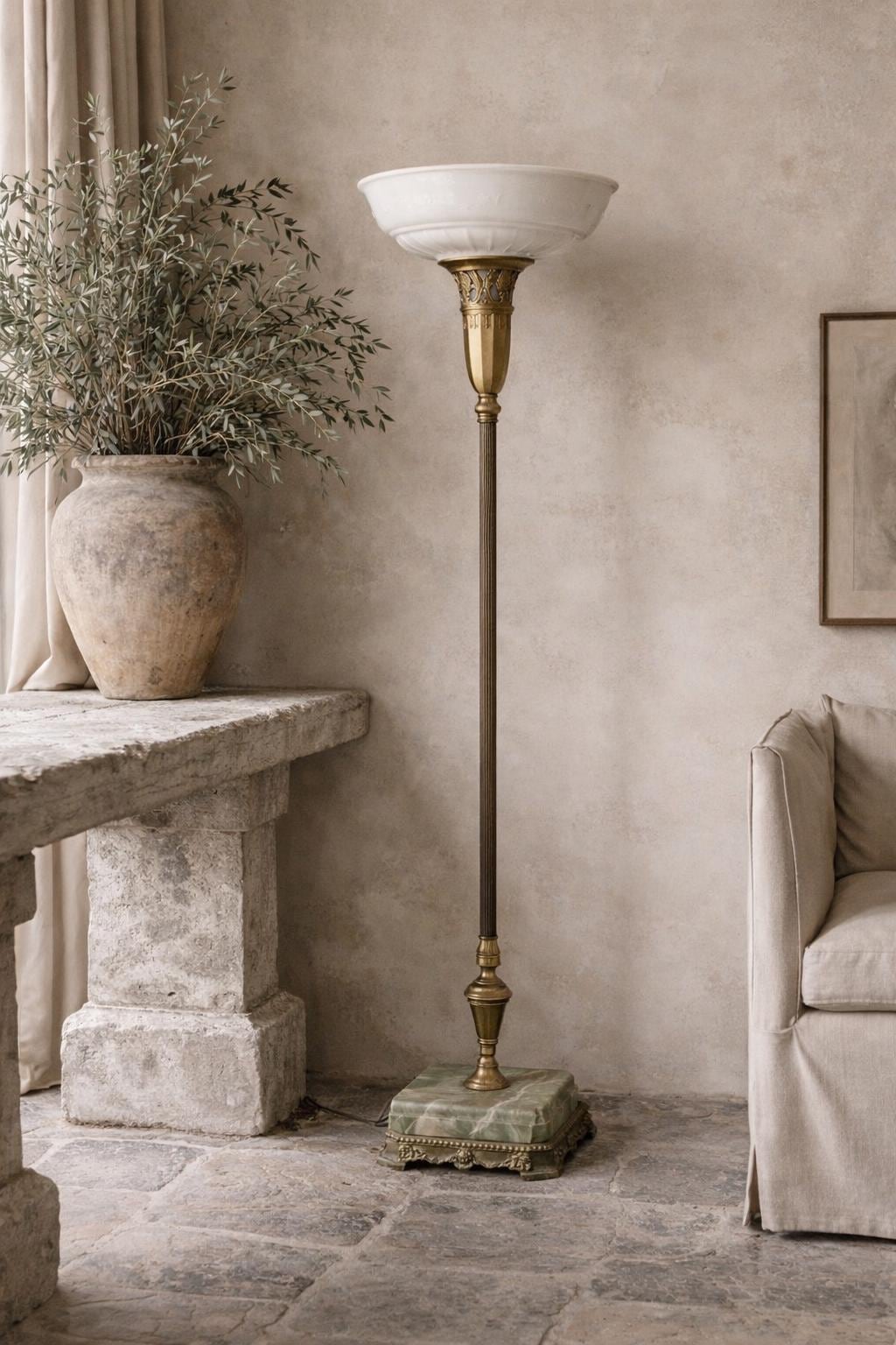 Antique Neoclassical Brass Torchiere Floor Lamp with Green Onyx Base | 1920s Revival Lighting