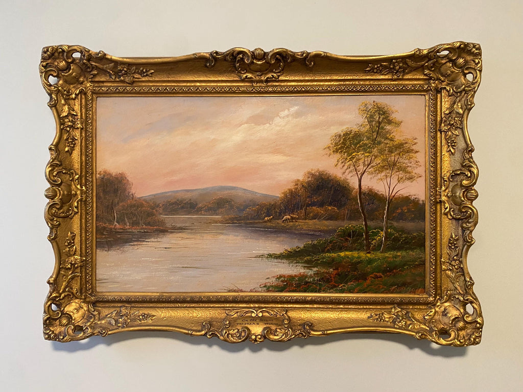 Antique English Landscape Oil Painting | Thomas Wood River Scene, Victorian Gilt Frame