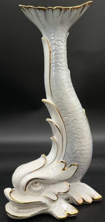 Vintage Mid-Century Italian Ceramic Dolphin Vase | White & Gold Sculptural Sea Figure