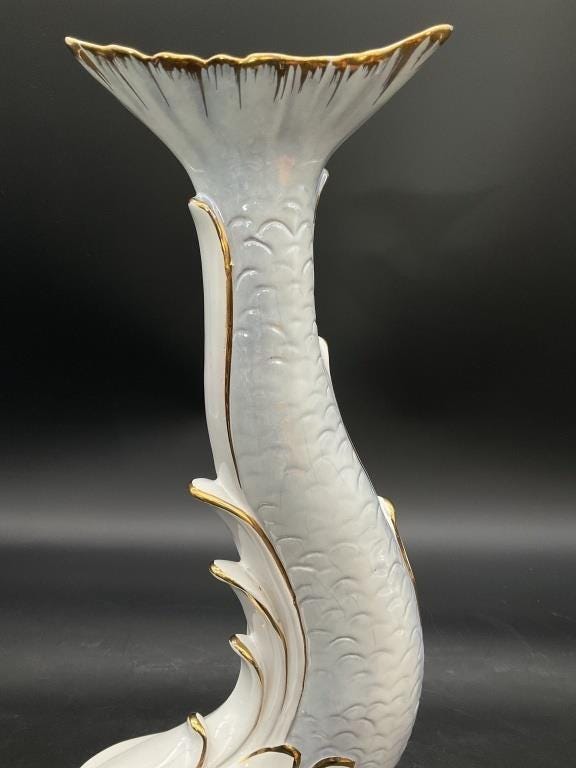 Vintage Mid-Century Italian Ceramic Dolphin Vase | White & Gold Sculptural Sea Figure