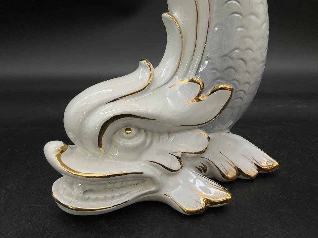 Vintage Mid-Century Italian Ceramic Dolphin Vase | White & Gold Sculptural Sea Figure