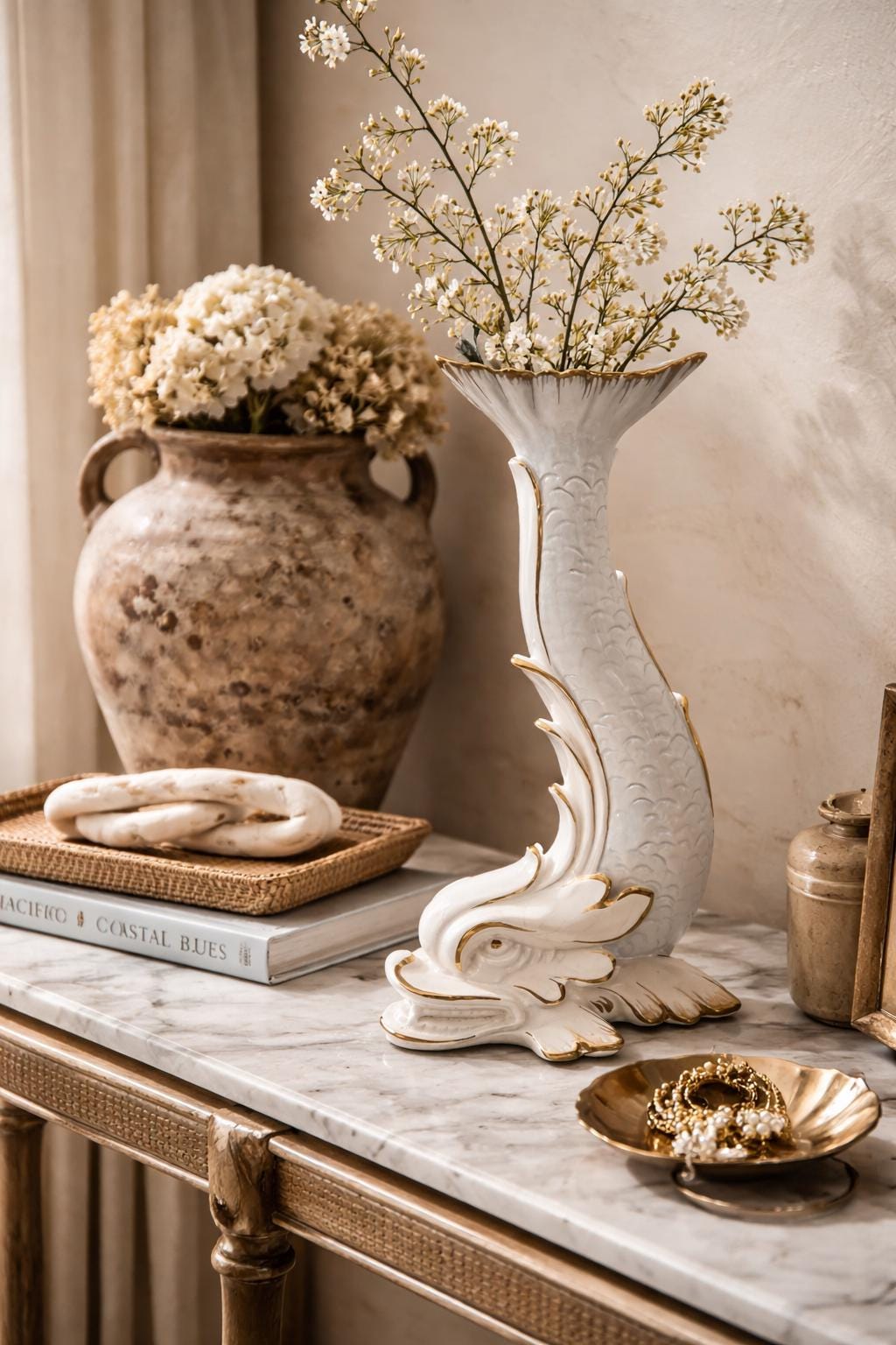 Vintage Mid-Century Italian Ceramic Dolphin Vase | White & Gold Sculptural Sea Figure