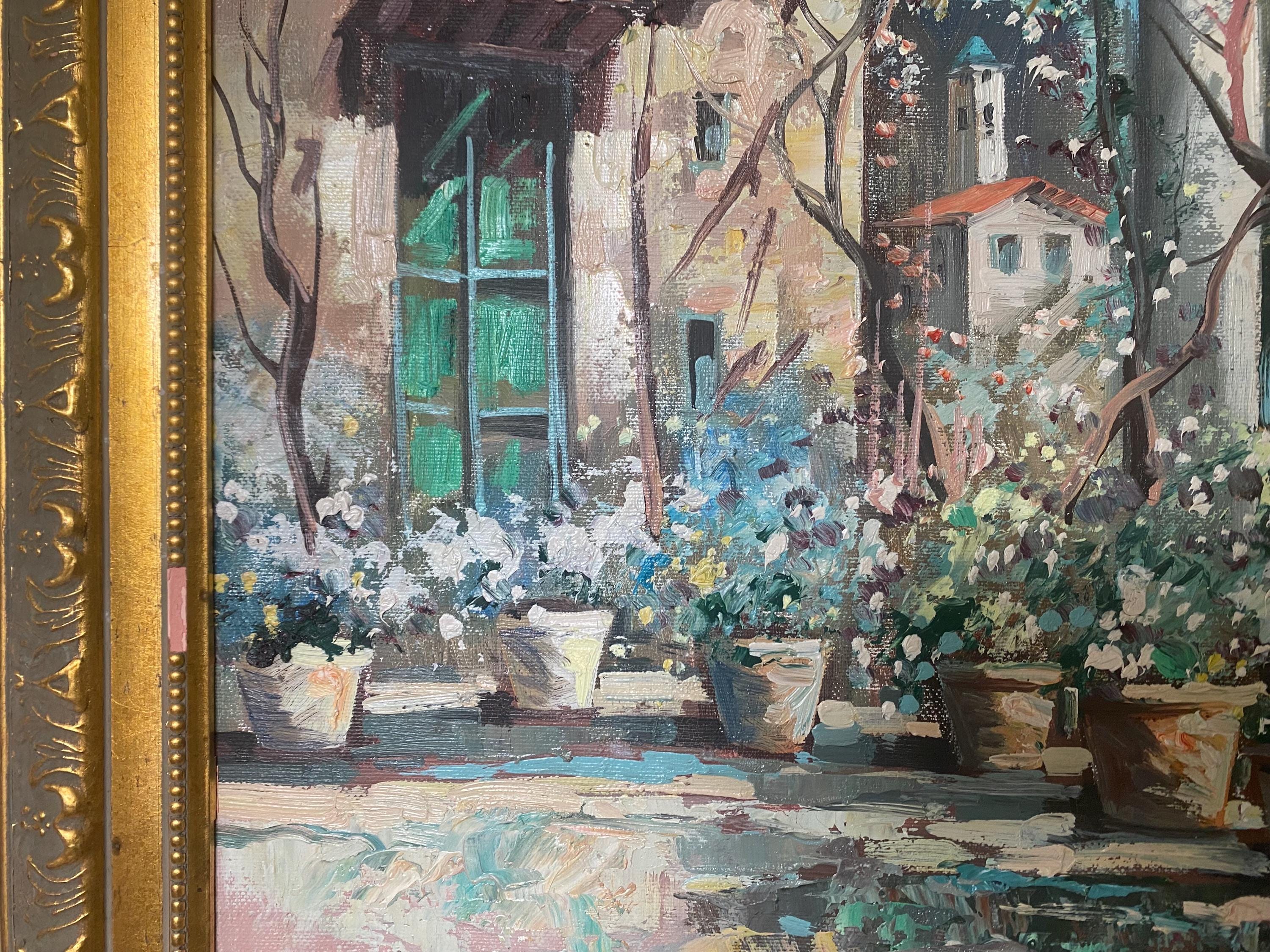 Vintage Italian Riviera Oil Painting, Mediterranean Seascape, Gold Frame, 36x48