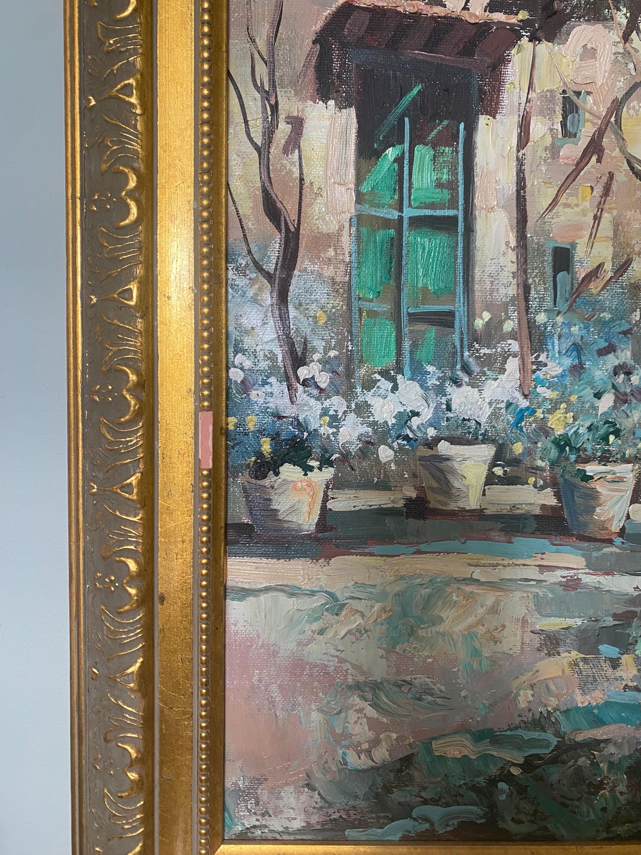 Vintage Italian Riviera Oil Painting, Mediterranean Seascape, Gold Frame, 36x48