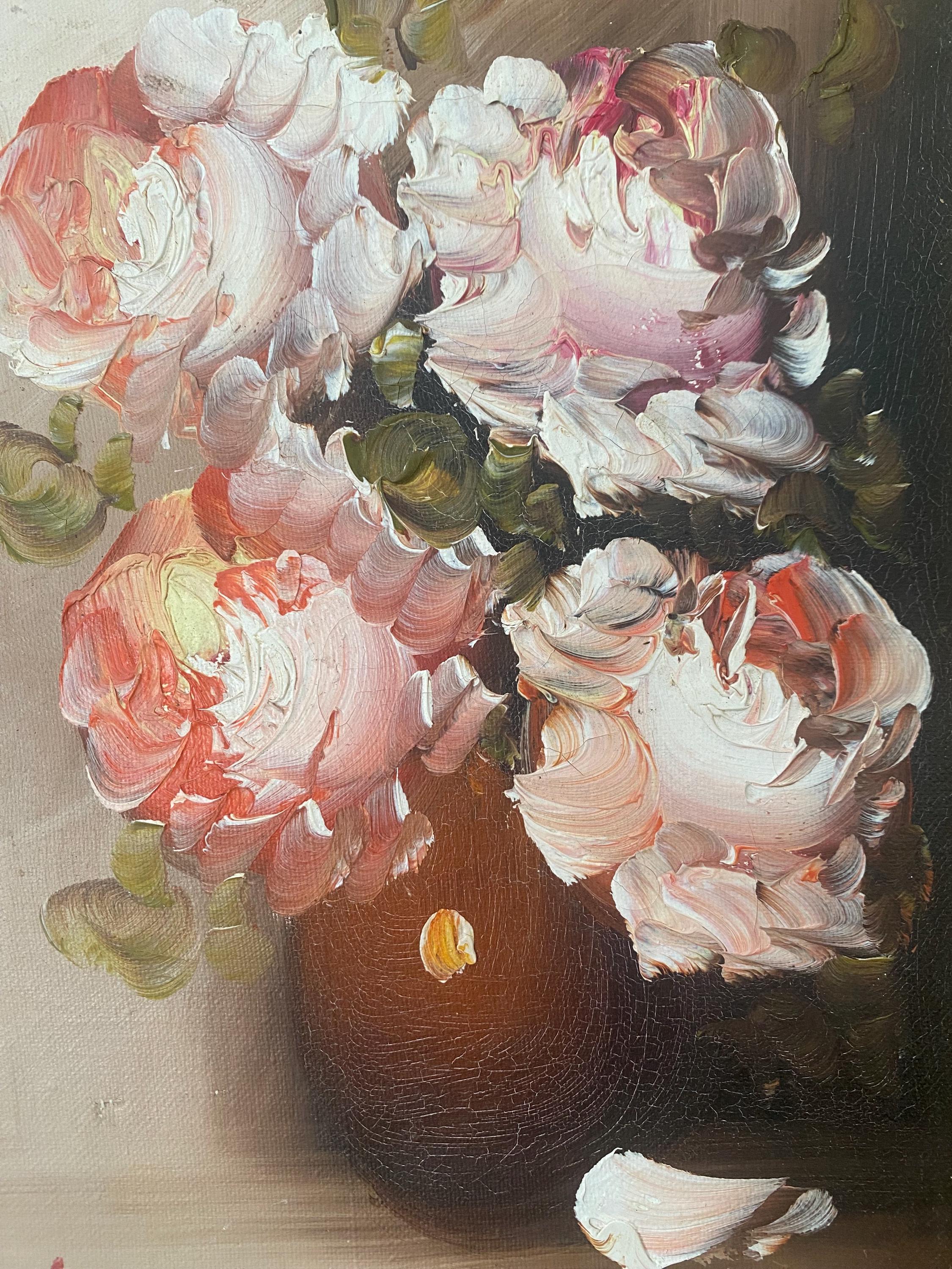 Vintage Floral Oil Painting, Roses Still Life, Ornate Gold Frame, Cottage Wall Art