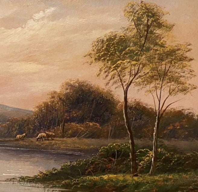 Antique English Landscape Oil Painting | Thomas Wood River Scene, Victorian Gilt Frame